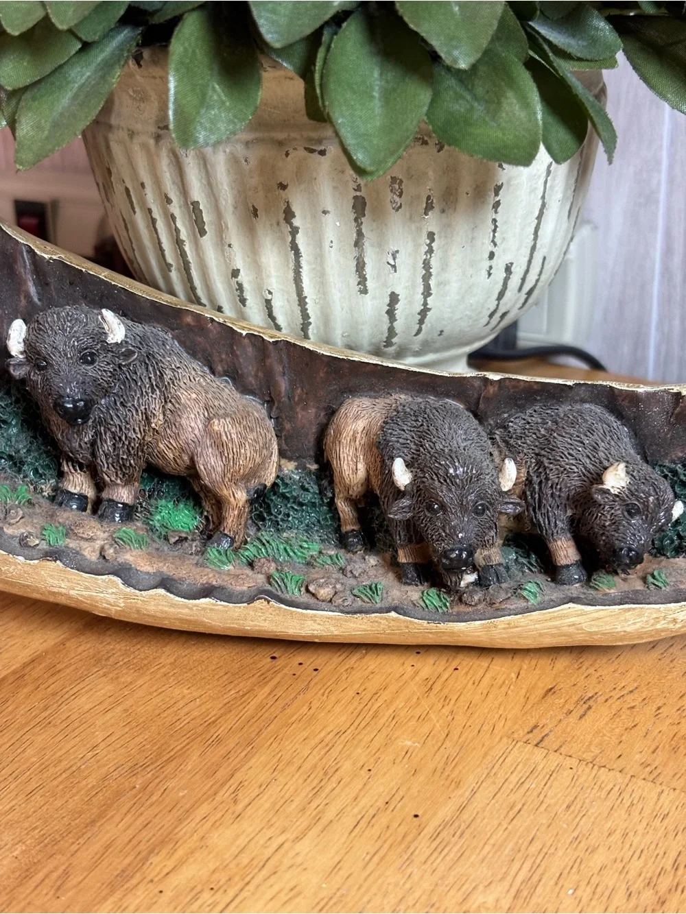 Faux Horn Resin Three Buffalo Relief Sculpture Western Wall Decor